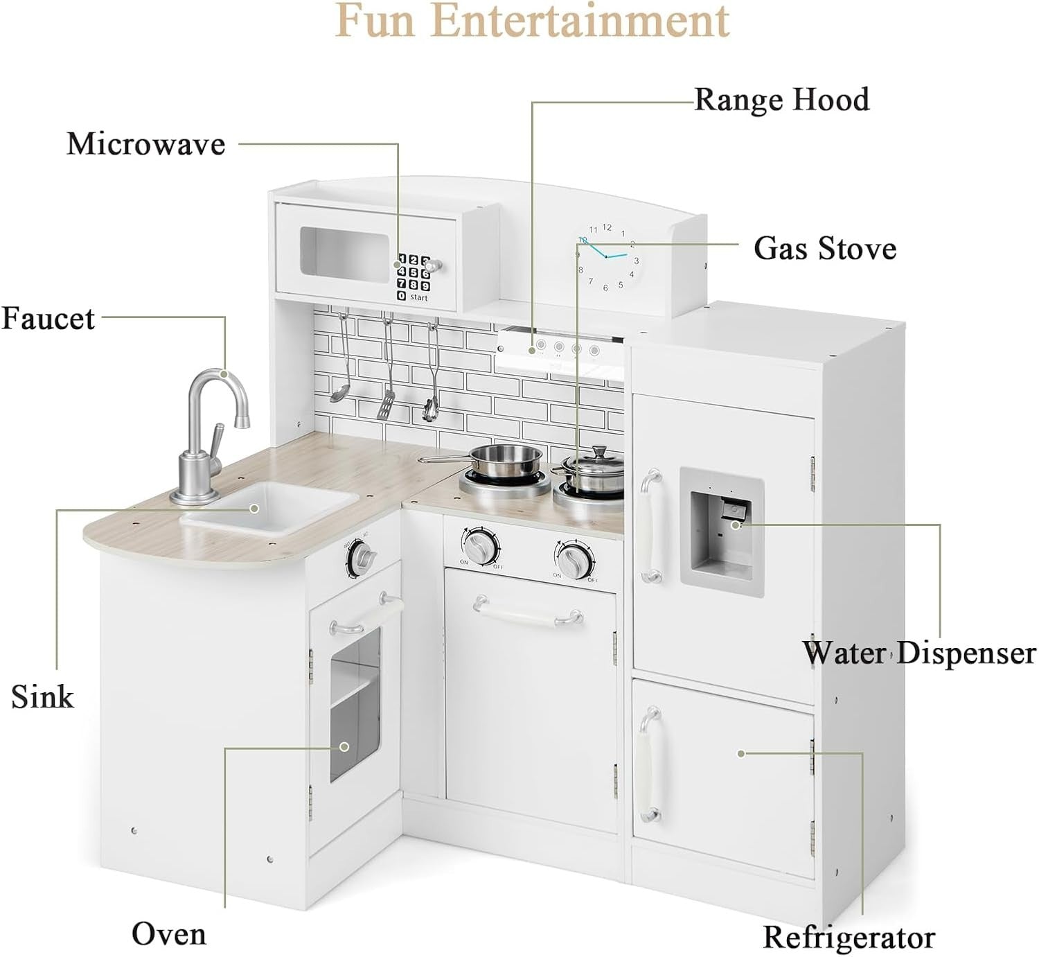 Kids Corner Wooden Play Kitchen White Toy Set Fridge Microwave Sink
