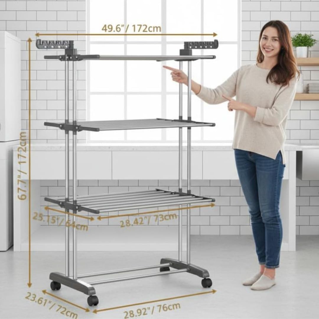 4 Tier Clothes Airer Tower with Wheels Foldable Laundry Drying Rack Steel