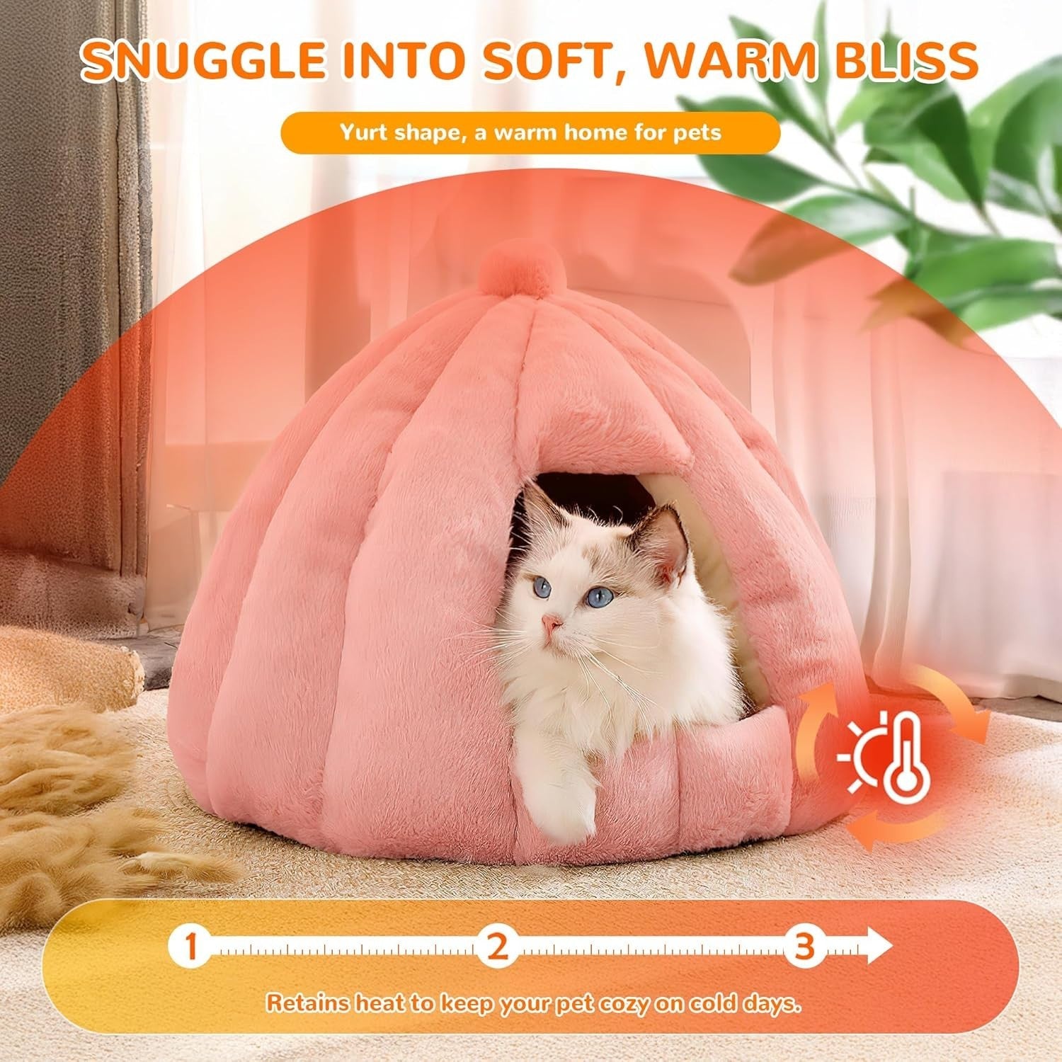 Dog Cat Cave Bed Igloo Pet Tent w Washable Cushion Cozy Warm M