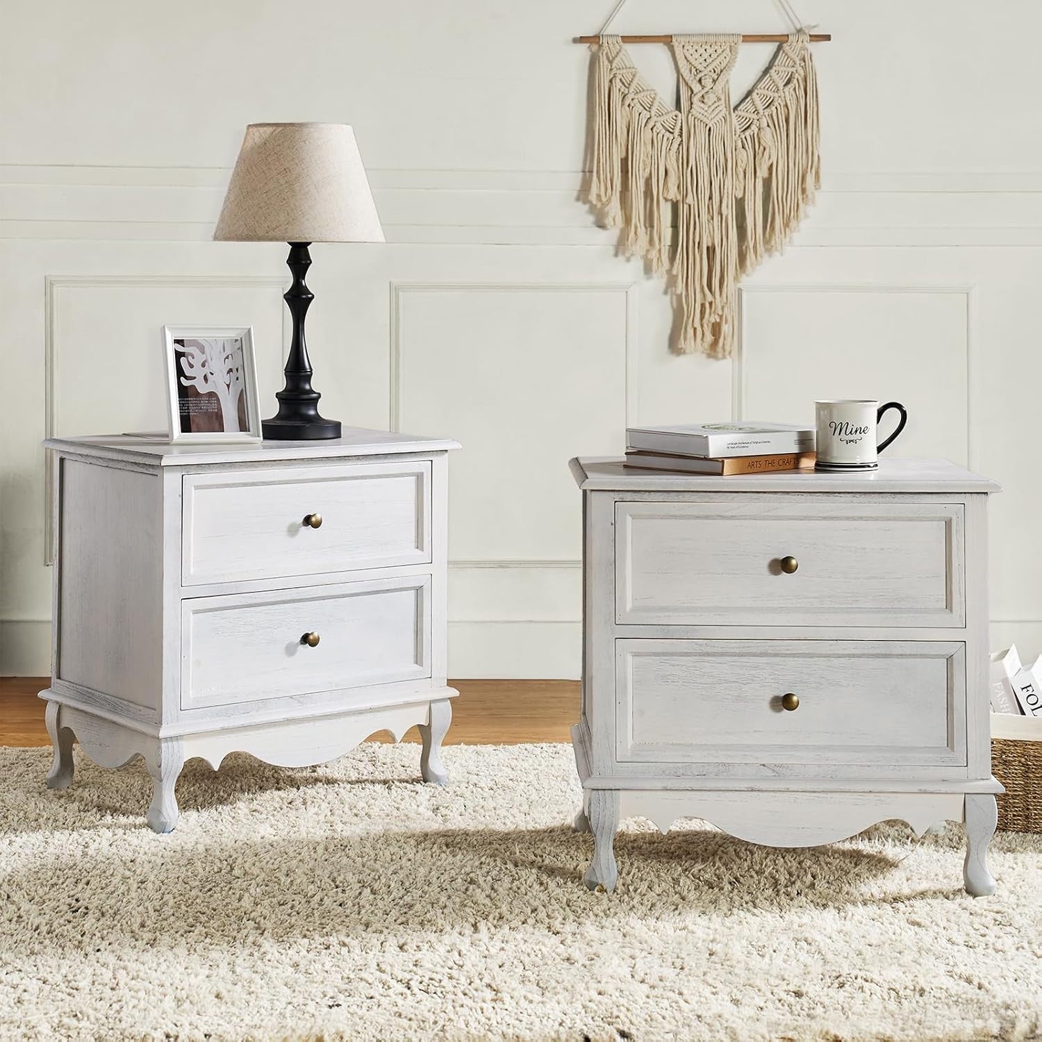 White Wooden Bedside Table with 2 Drawers – Elegant French Country Nightstand