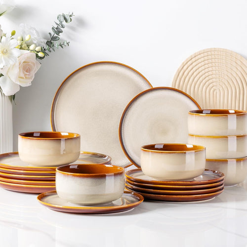 18 Piece Stoneware Dinner Set for 6 Plates Bowls Scratch Resistant Glazed