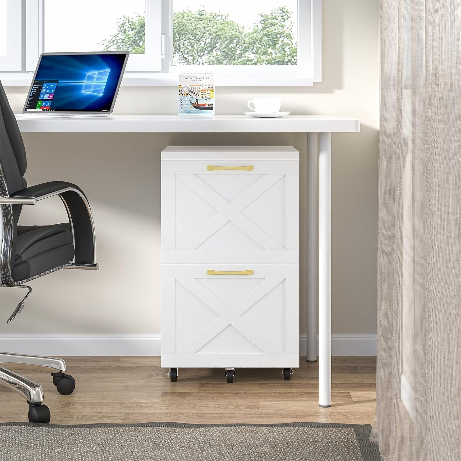 Farmhouse Rolling File Cabinet 2 Drawer A4 Letter Under Desk White