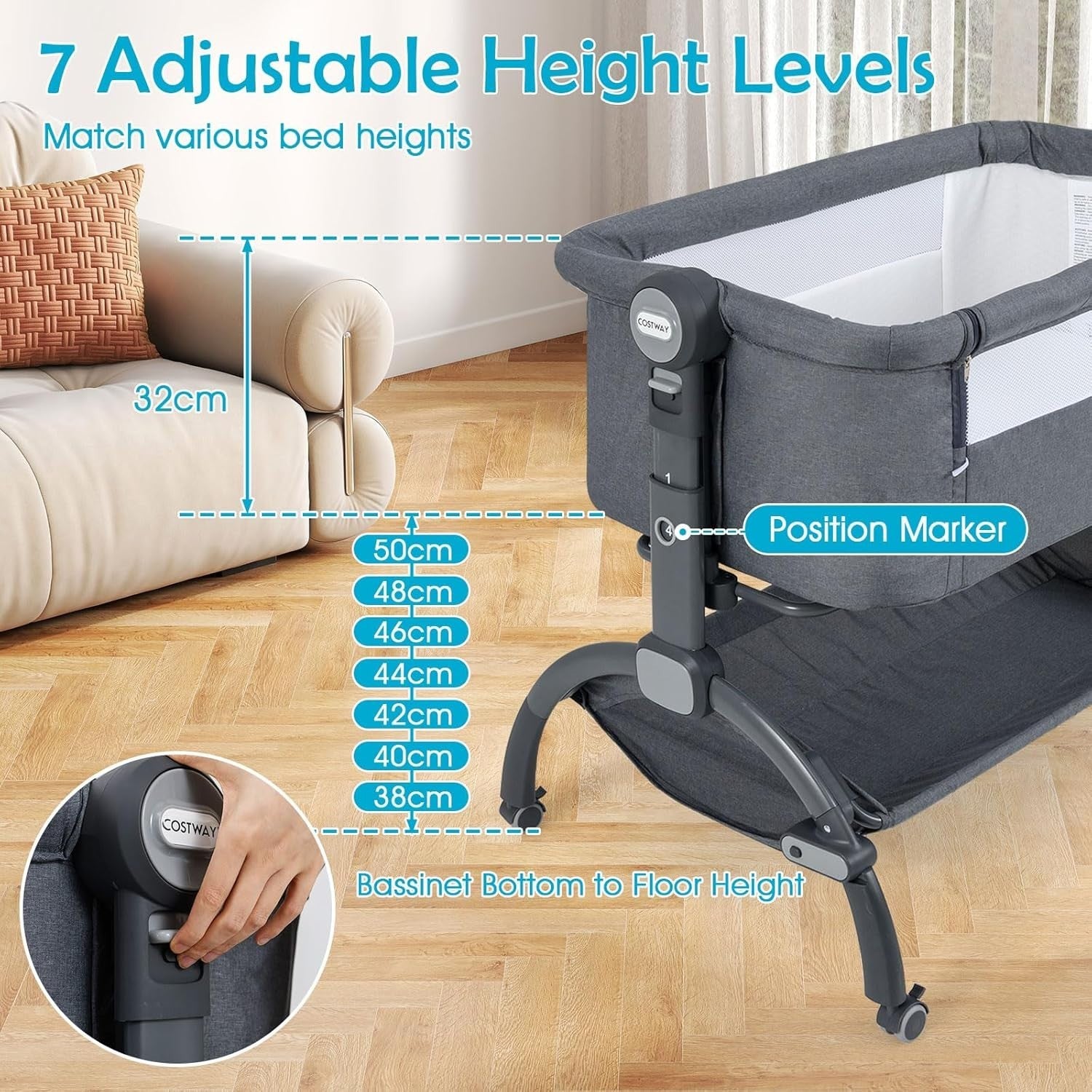 Baby Bedside Crib Adjustable Bassinet with Mattress Newborn Bedside Sleeper Grey