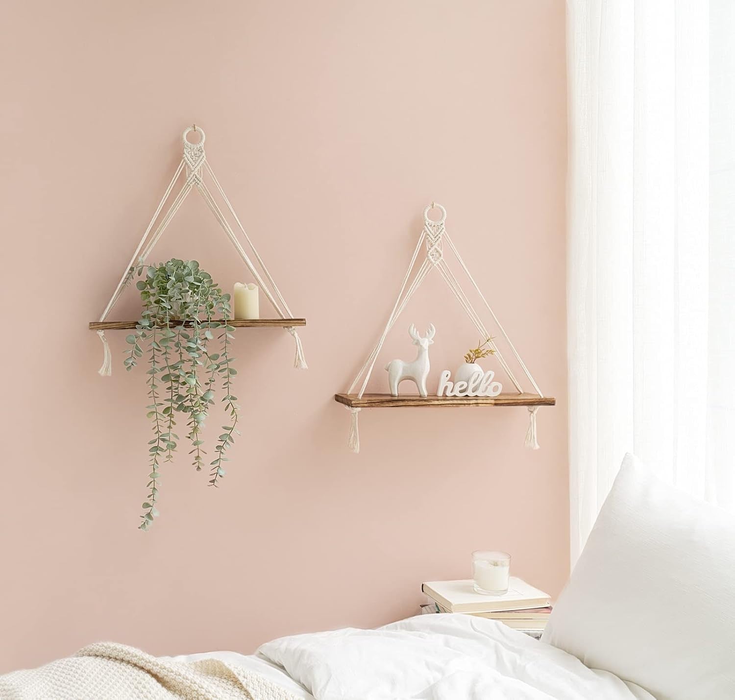Boho Macrame Hanging Shelves Set of 2 Wood Floating Wall Decor
