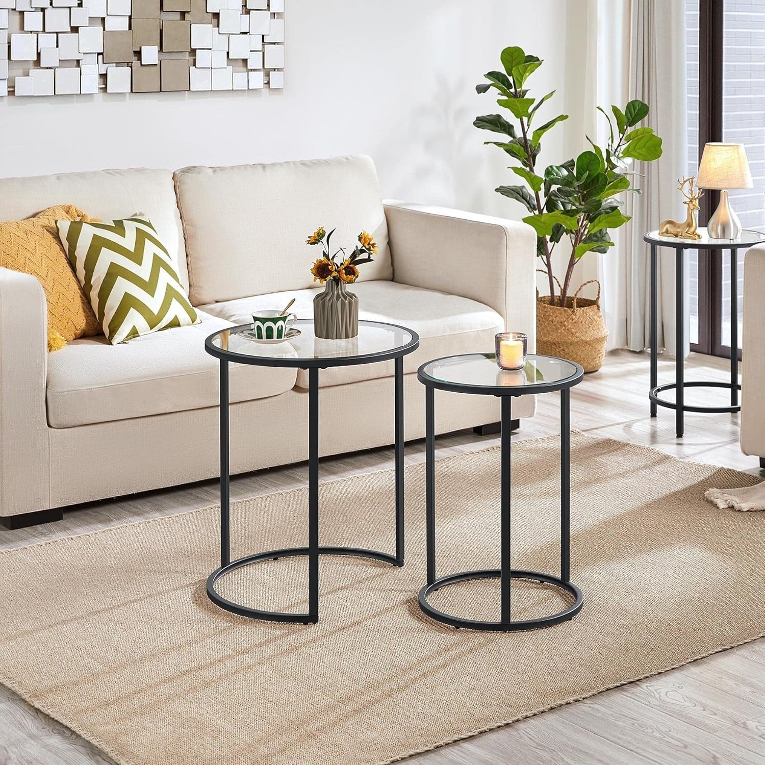 Nesting Round Side Tables Set of 2 Black Tempered Glass Metal End Coffee Sofa