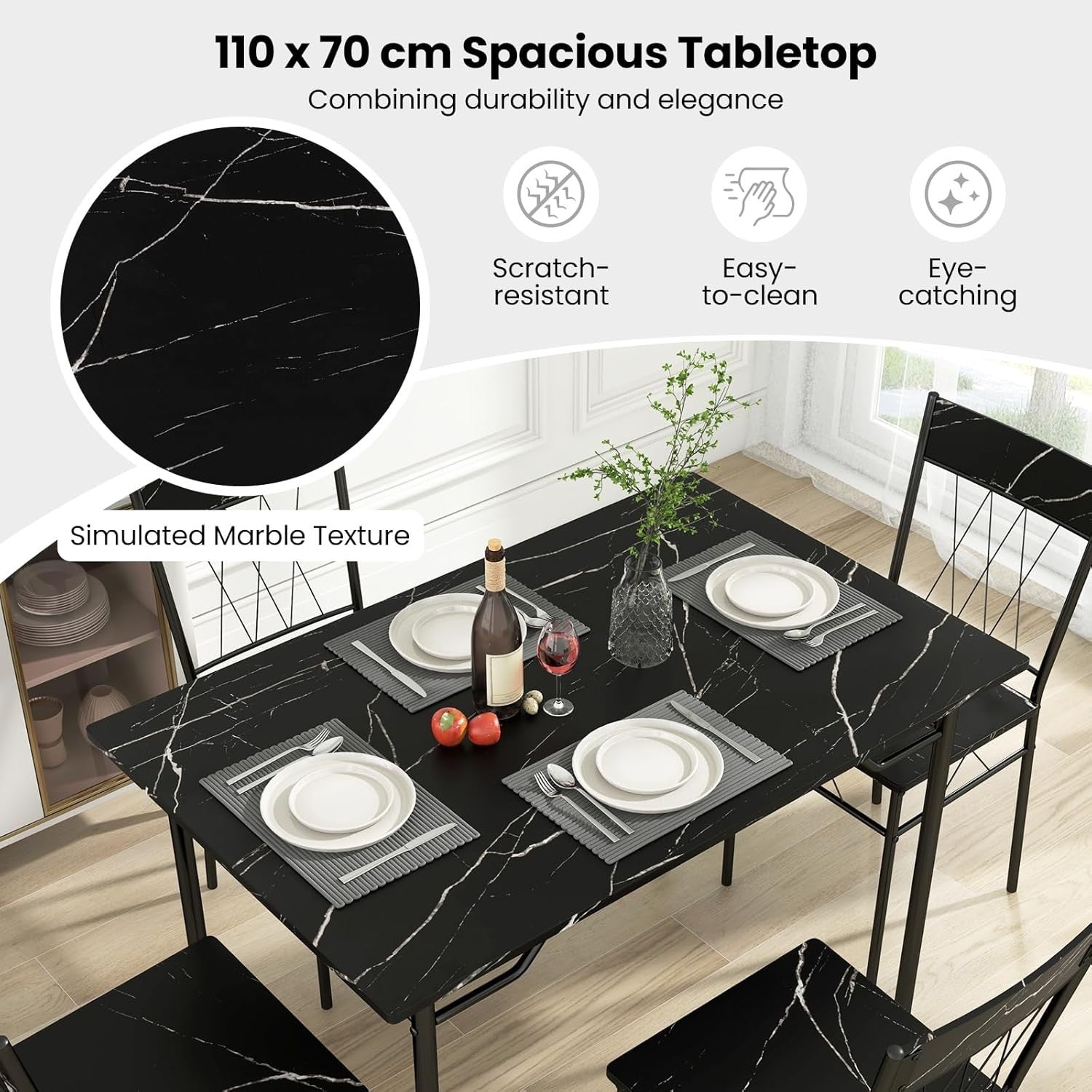Black Marble Dining Table Set with 4 Chairs | Compact Kitchen & Living
