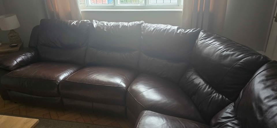 Cosy Deep Relax Brown Leather Corner Sofa Recliner (PTP)