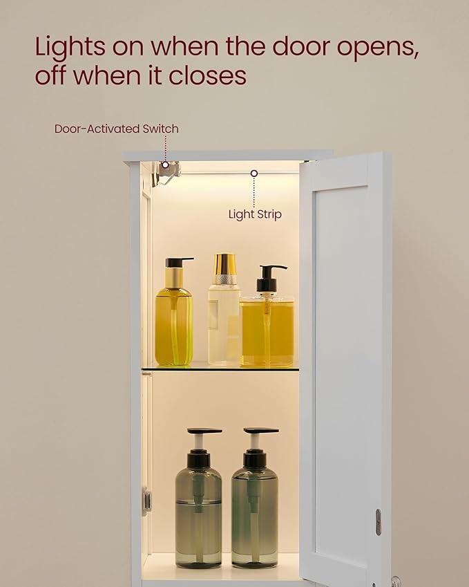 Slim Tall Bathroom Cabinet with Lights, Adjustable Shelves, Modern Storage Unit