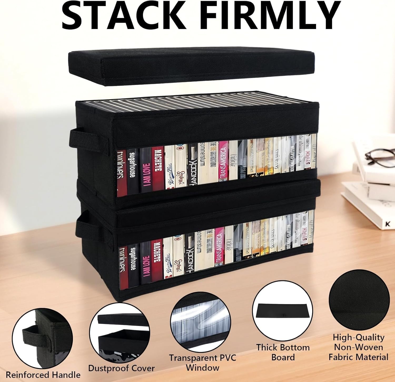4 Pack CD Storage Boxes with Lids Stackable Organizer Holds 240 CDs