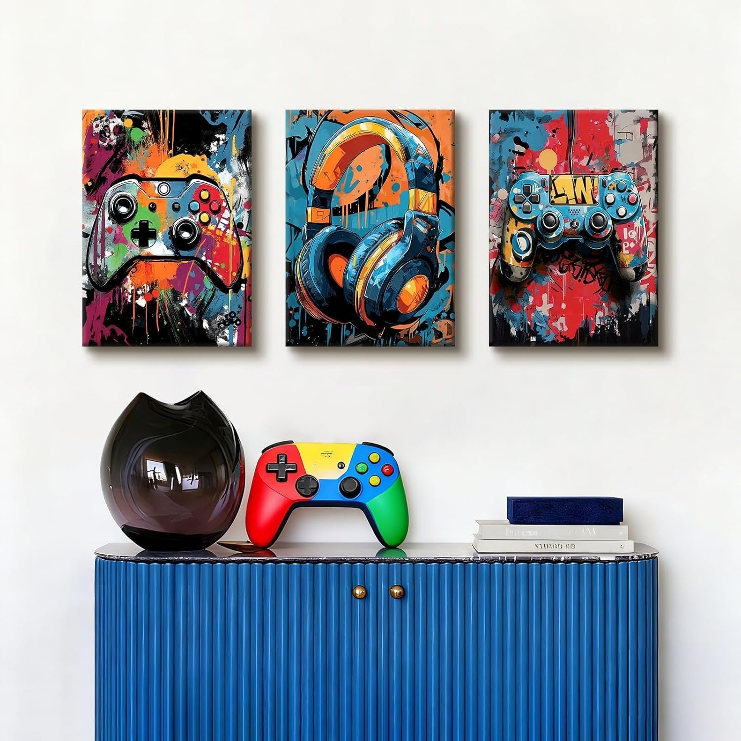 Gaming Canvas Wall Art Set 3 Framed 30x40cm Graffiti Gamepad