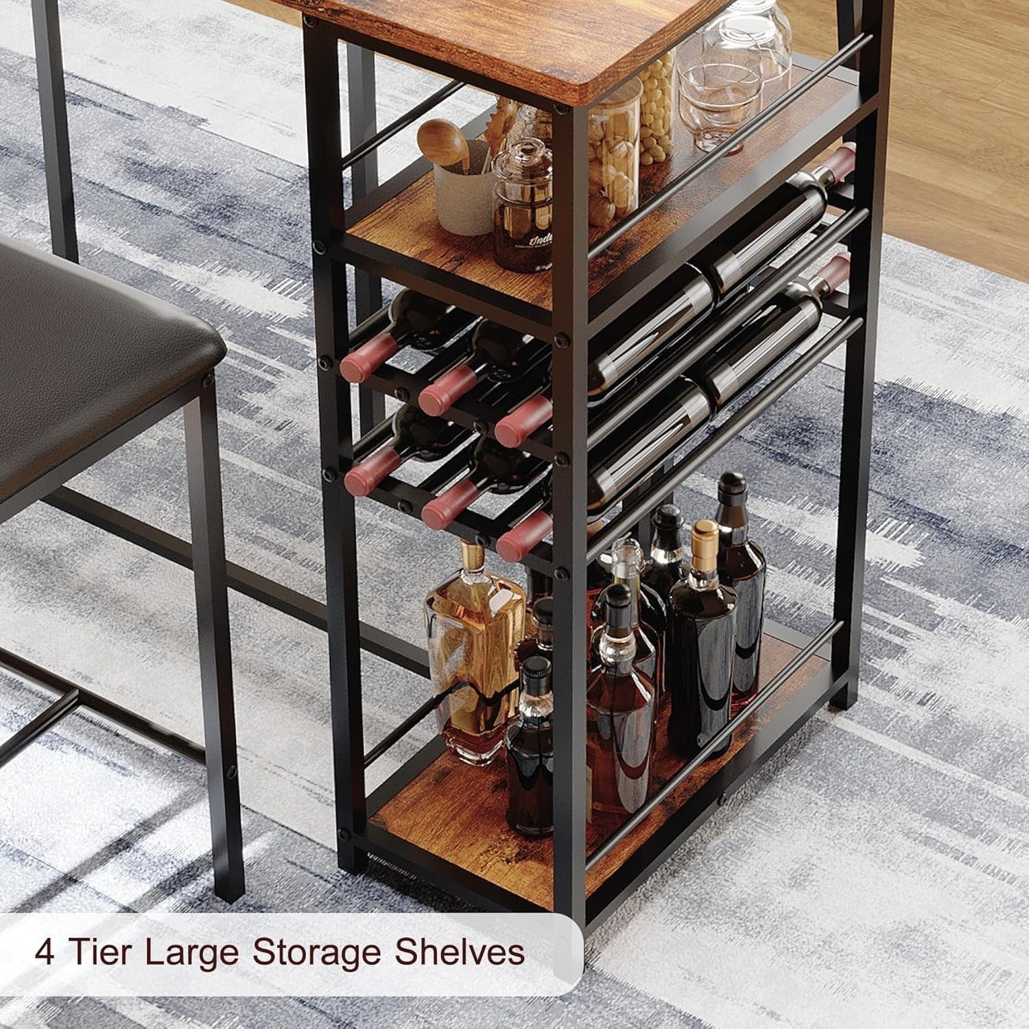 3-Piece Bar Table Set with Wine Racks and 2 Stools Metal Frame Dining Set