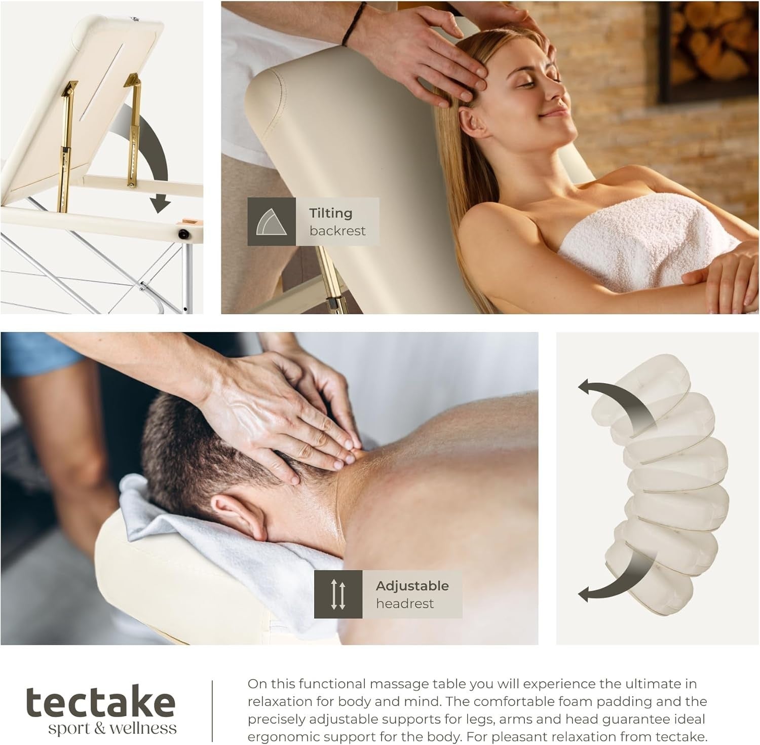 Portable 3 Section Massage Table Foldable Spa Beauty Bed 61cm Adjustable Beige