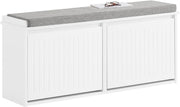 White Shoe Storage Bench with Cushion – 2 Flip Drawers, Space Saver Seat