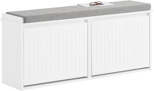 White Shoe Storage Bench with Cushion – 2 Flip Drawers, Space Saver Seat