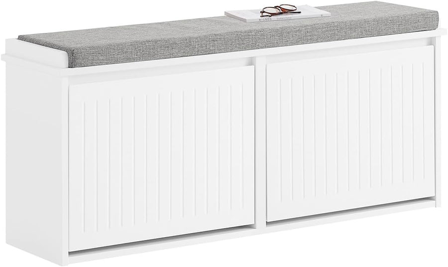 White Shoe Storage Bench with Cushion – 2 Flip Drawers, Space Saver Seat