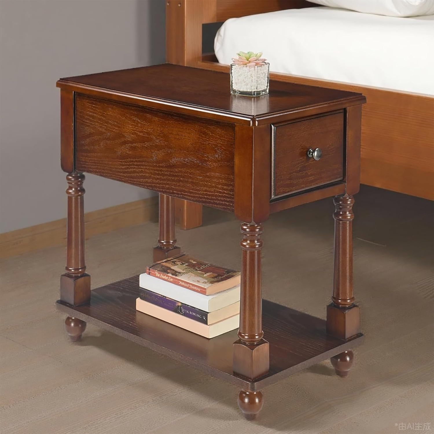 Pair of Solid Wood Walnut End Tables with Drawer & Shelf – Vintage Slim Tables