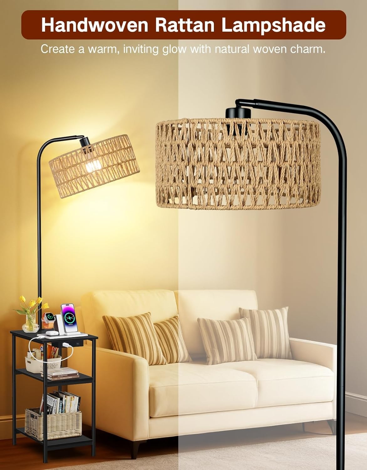Floor Lamp with Table & Rattan Shade, Dimmable LED, USB Charging, Black