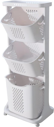 4 Tier Rolling Laundry Basket Cart Clothes Storage Hamper White Wheels