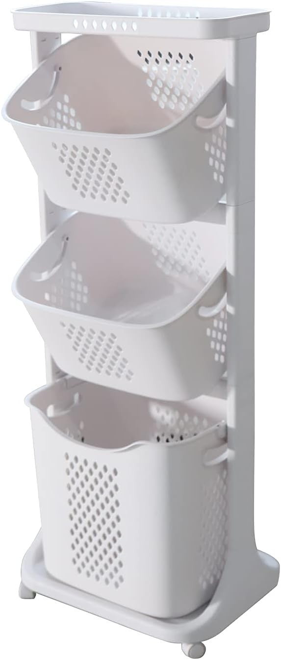 4 Tier Rolling Laundry Basket Cart Clothes Storage Hamper White Wheels