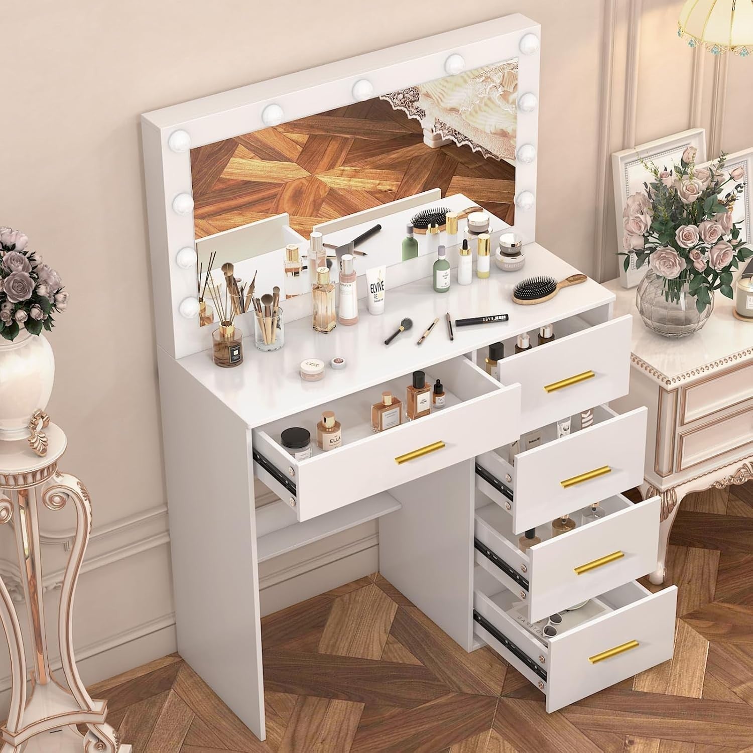 Vanity Table Large Lighted Mirror Desk 3 Color LED 5 Drawer Engineered Wood