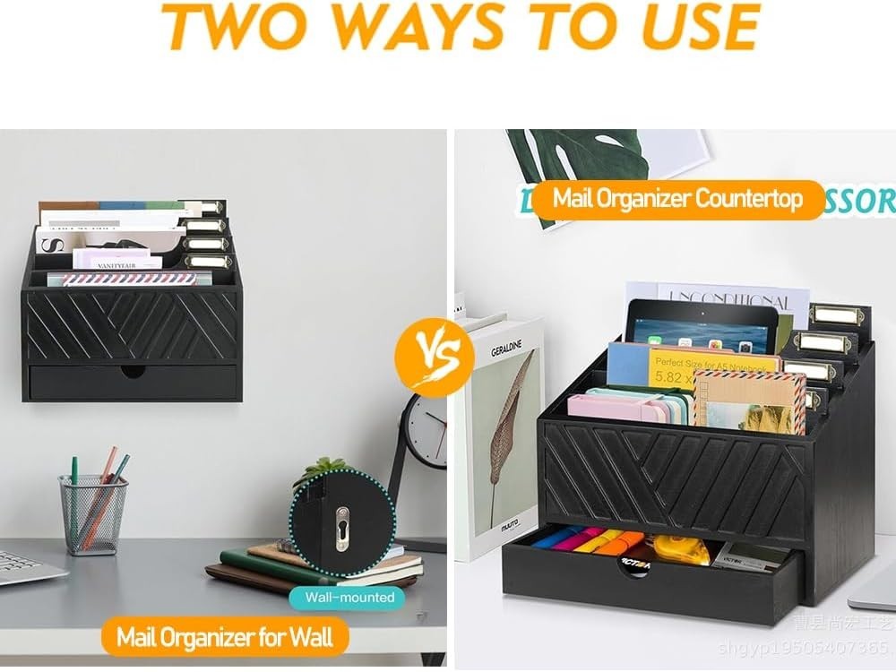 Wooden Desk Organizer Mail Sorter with Drawer | File Holder & Storage Box