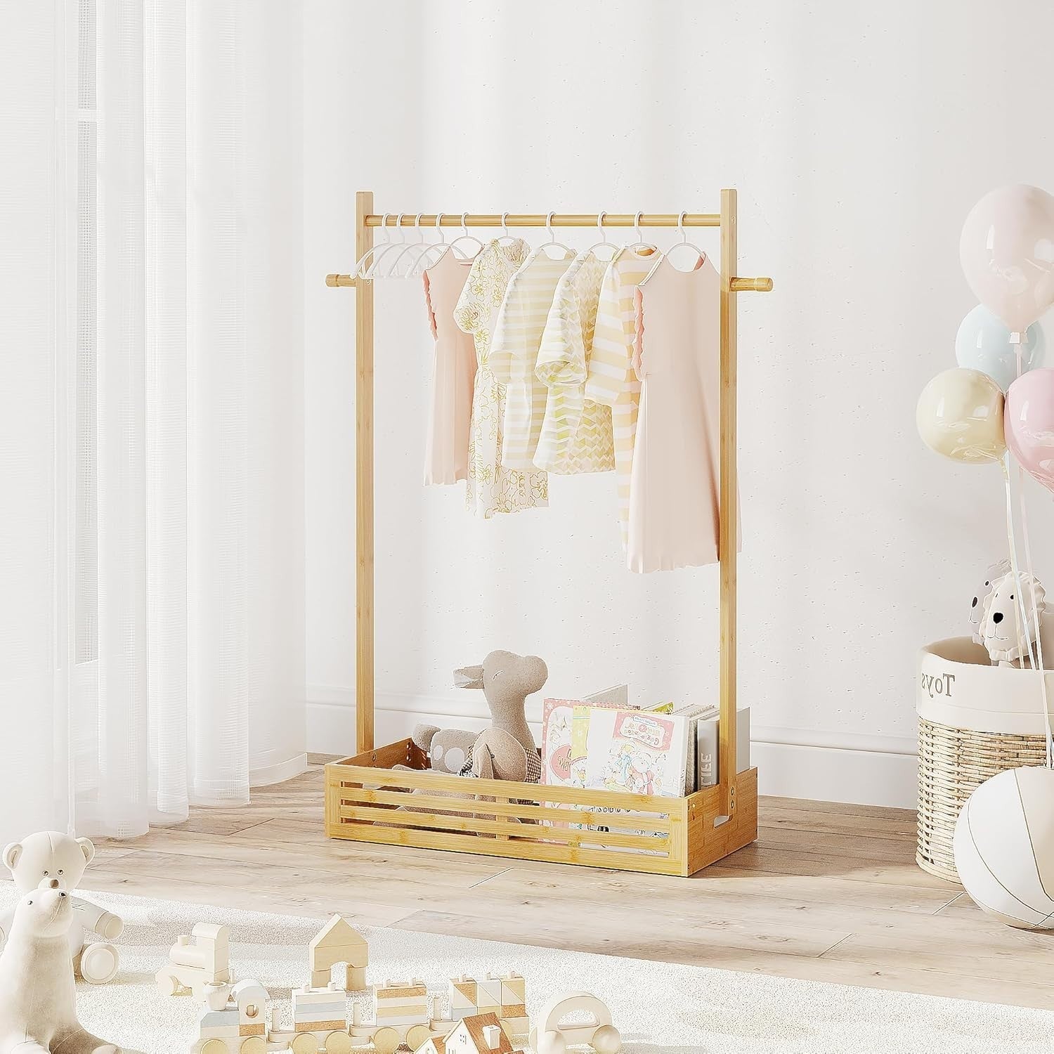 Kids Bamboo Clothes Rack with Adjustable Hanging Rod and Storage Box, Natural