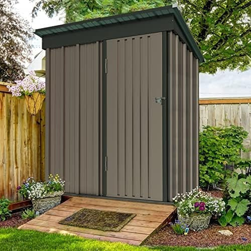 Metal Garden Shed 5x3ft Outdoor Waterproof Storage with Lockable Door Brown