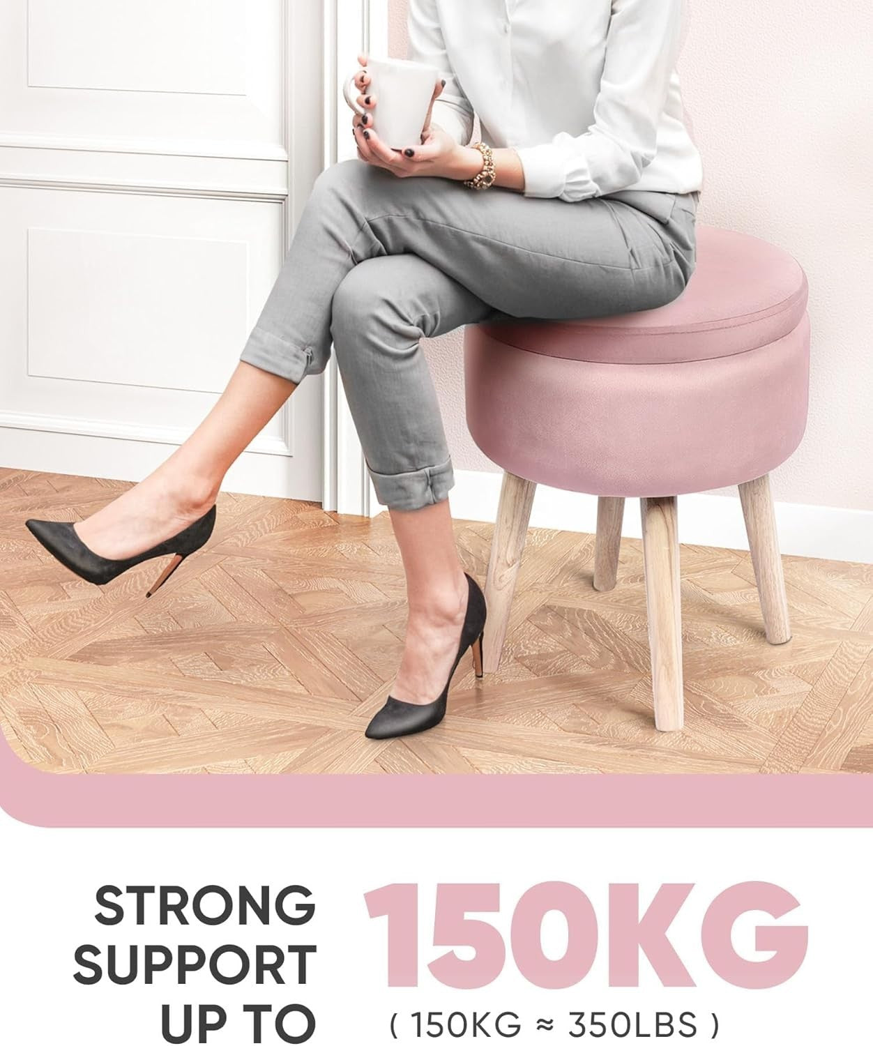 Pink Velvet Round Storage Ottoman Stool Flip-Top Footrest Coffee Table Seat