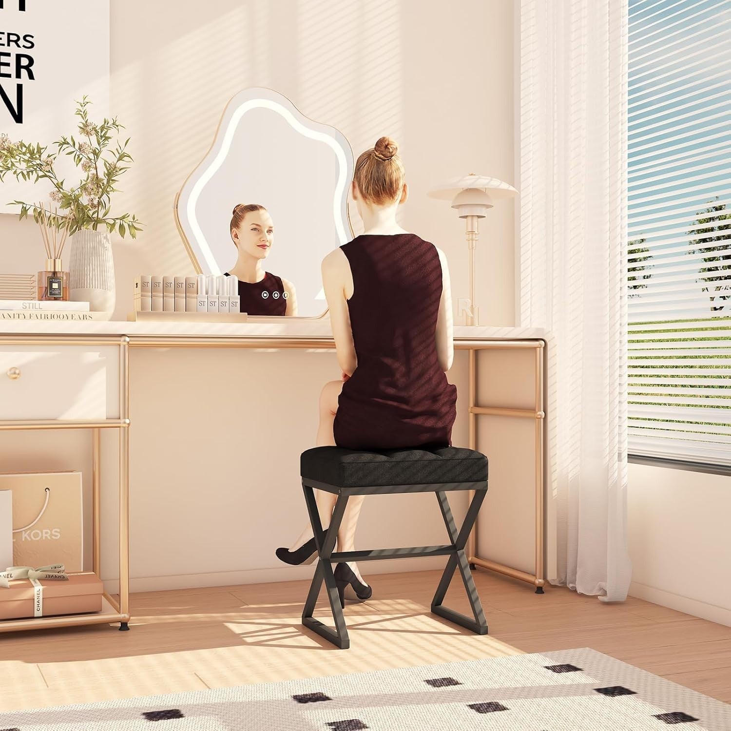 Black Linen Vanity Stool Ottoman with X-Shaped Metal Legs Footrest Bench