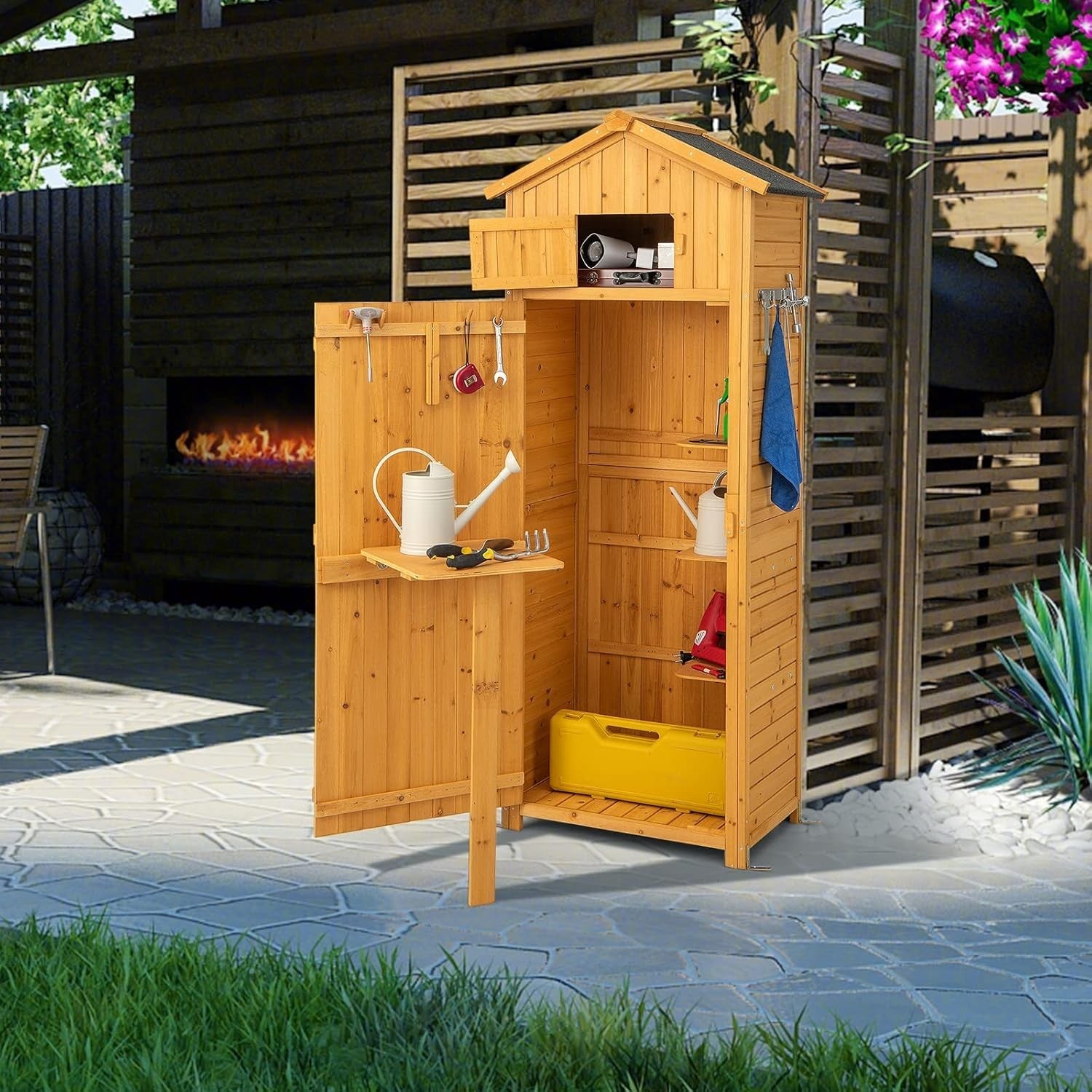 Fir Wood Garden Shed 75x50x180cm Outdoor Tool Storage Cabinet with Roof Hatch