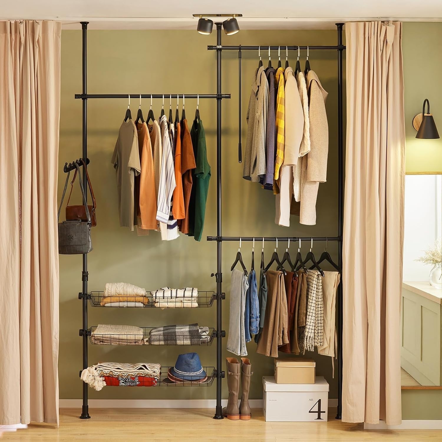 FRG34 Telescopic Clothes Rail Black Heavy Duty Open Wardrobe