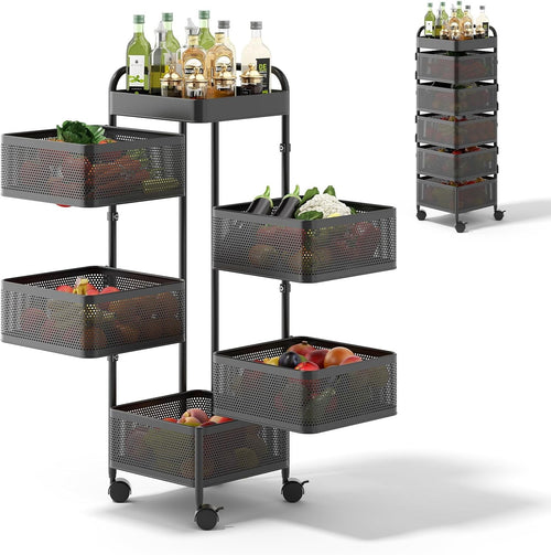 5 Tier Rotating Kitchen Trolley on Wheels Square Storage Rack Pantry Organiser