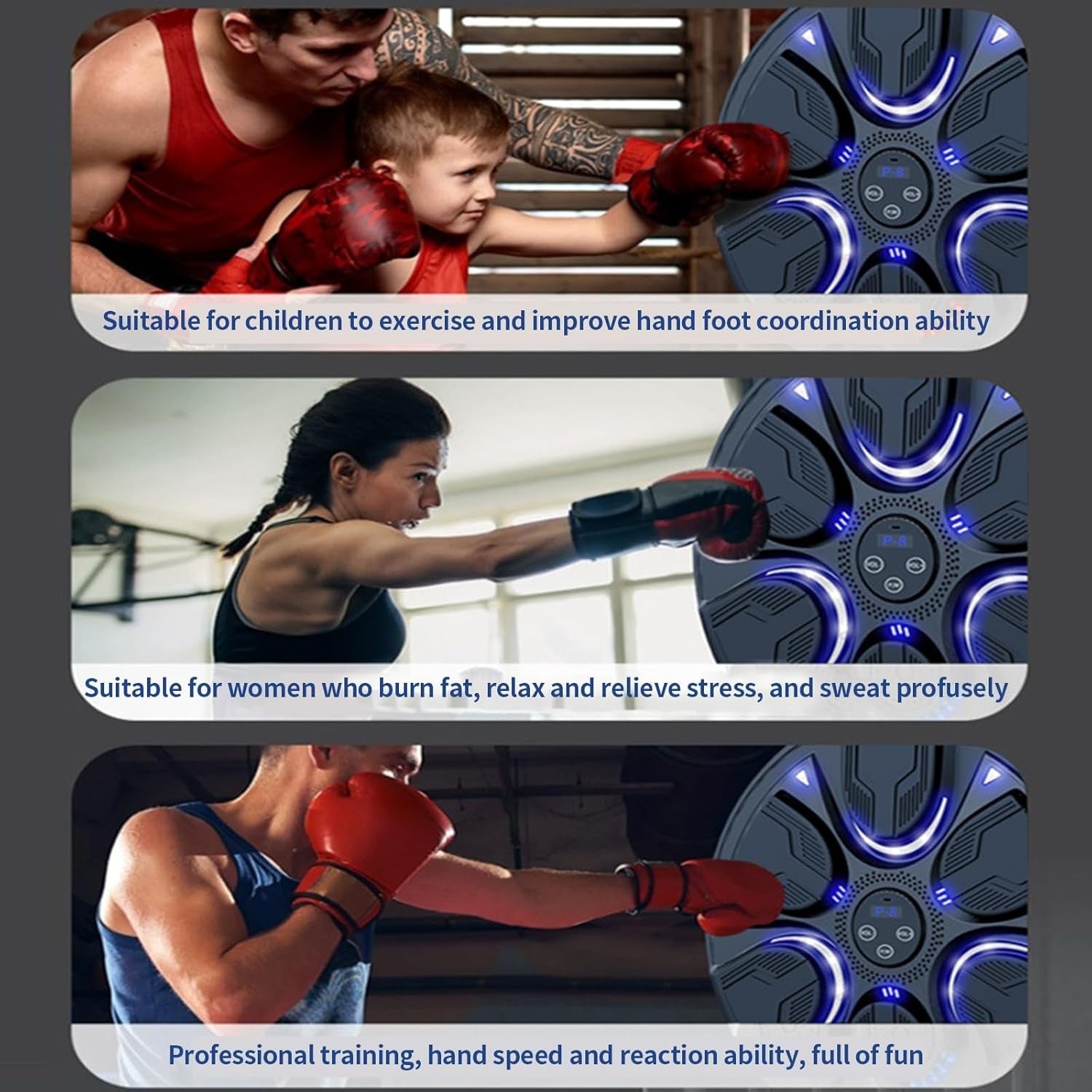 Music Boxing Machine Black Blue LED Wall Punch Trainer with Gloves