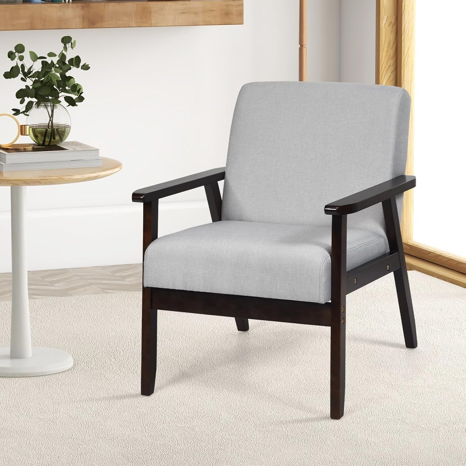 Linen Accent Armchair Rubber Wood Frame Lounge Chair Grey