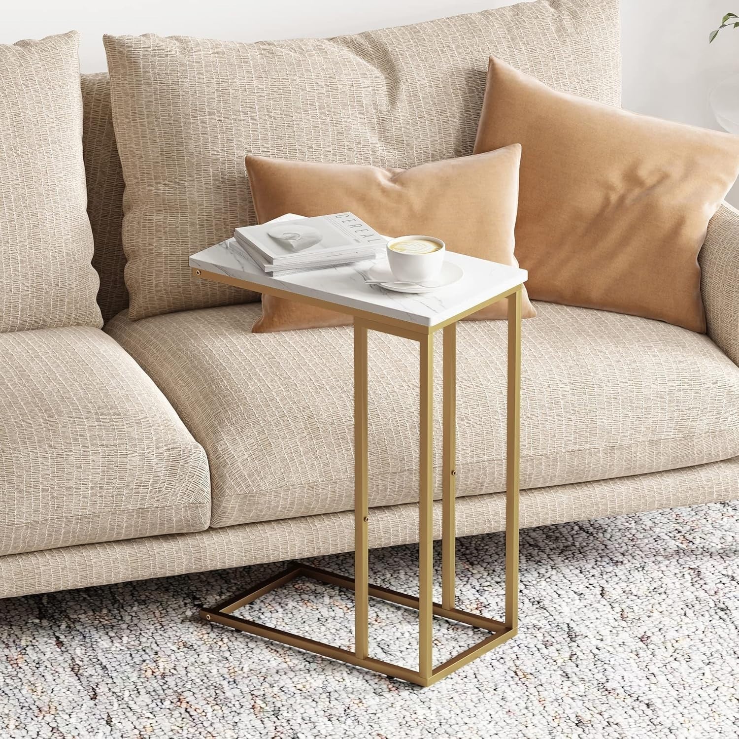 Slim C-Shaped Side Table with Marble Top, Slide Under Sofa Bed, Stylish & Sturdy