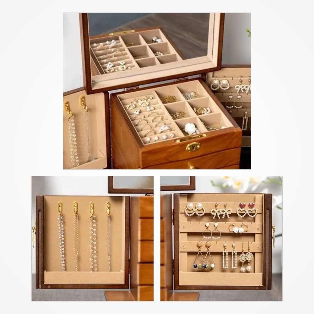 Vintage Wooden Jewelry Box Combo Lock Mirror Large Capacity Organizer