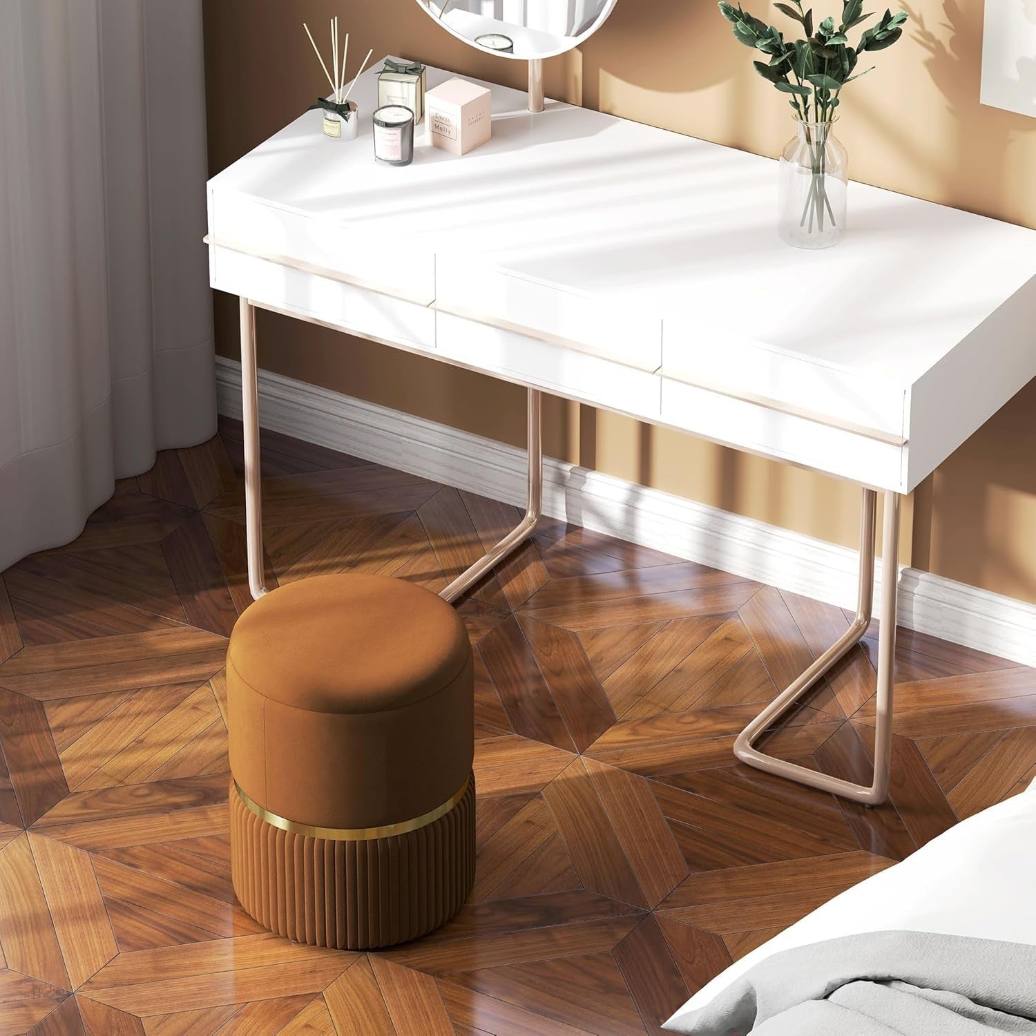Light Brown Velvet Storage Stool Round Ottoman Padded Seat Vanity Footrest