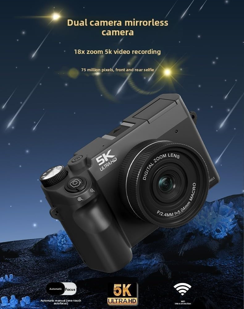 5K 75MP Digital Camera 3” Screen Vlogging Camera 32GB Compact Black