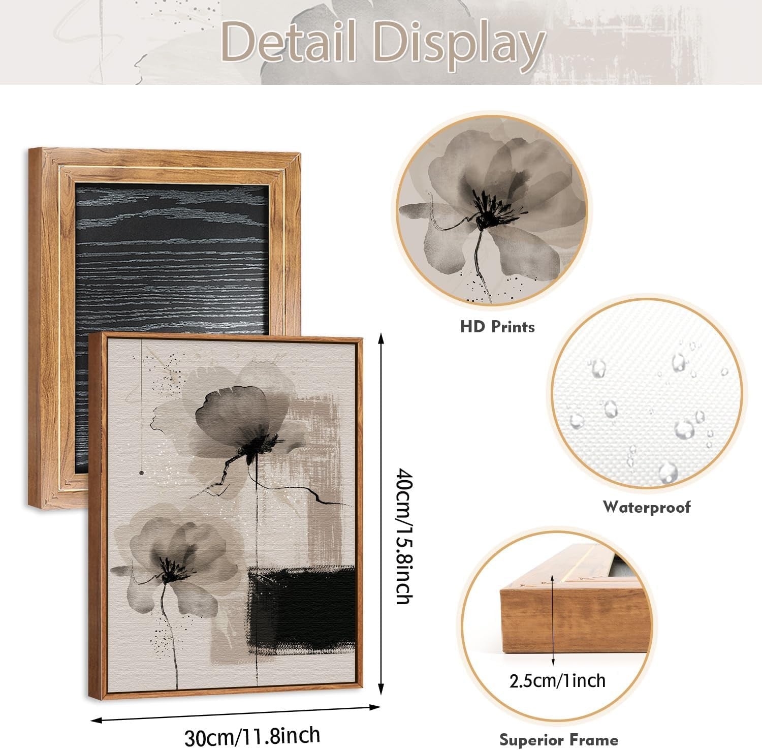 3 Piece Floral Canvas Wall Art Framed Beige Neutral 30x40cm