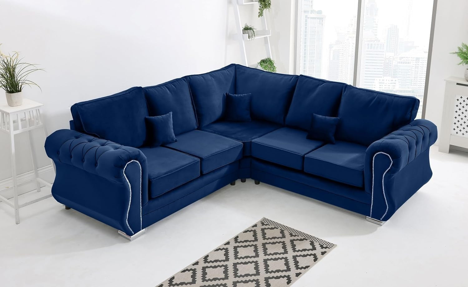 Blue Plush Velvet Corner Sofa 5 Seater with Foam Cushions & Chrome Feet