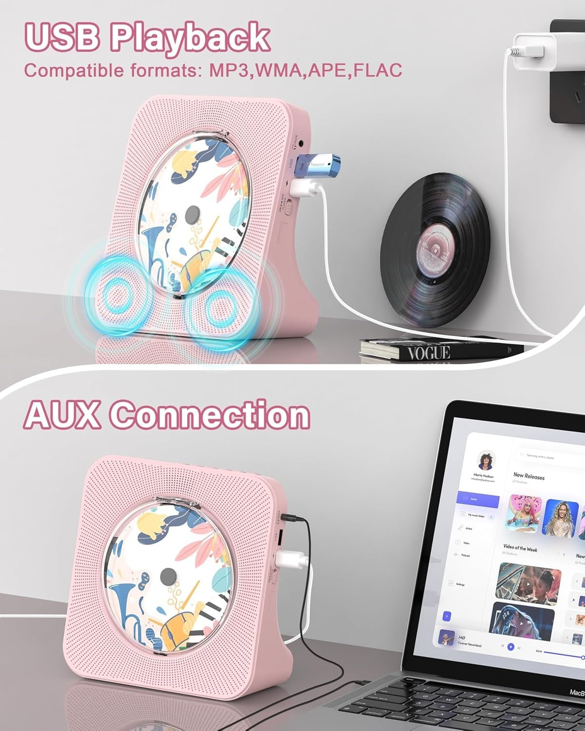 Bluetooth CD Player w Speakers FM Radio LCD Remote USB AUX Pink