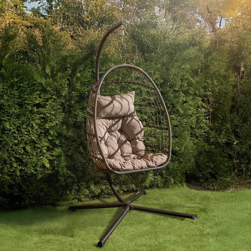 Grey Rattan Hanging Egg Chair with Stand | Outdoor Garden Swing Seat