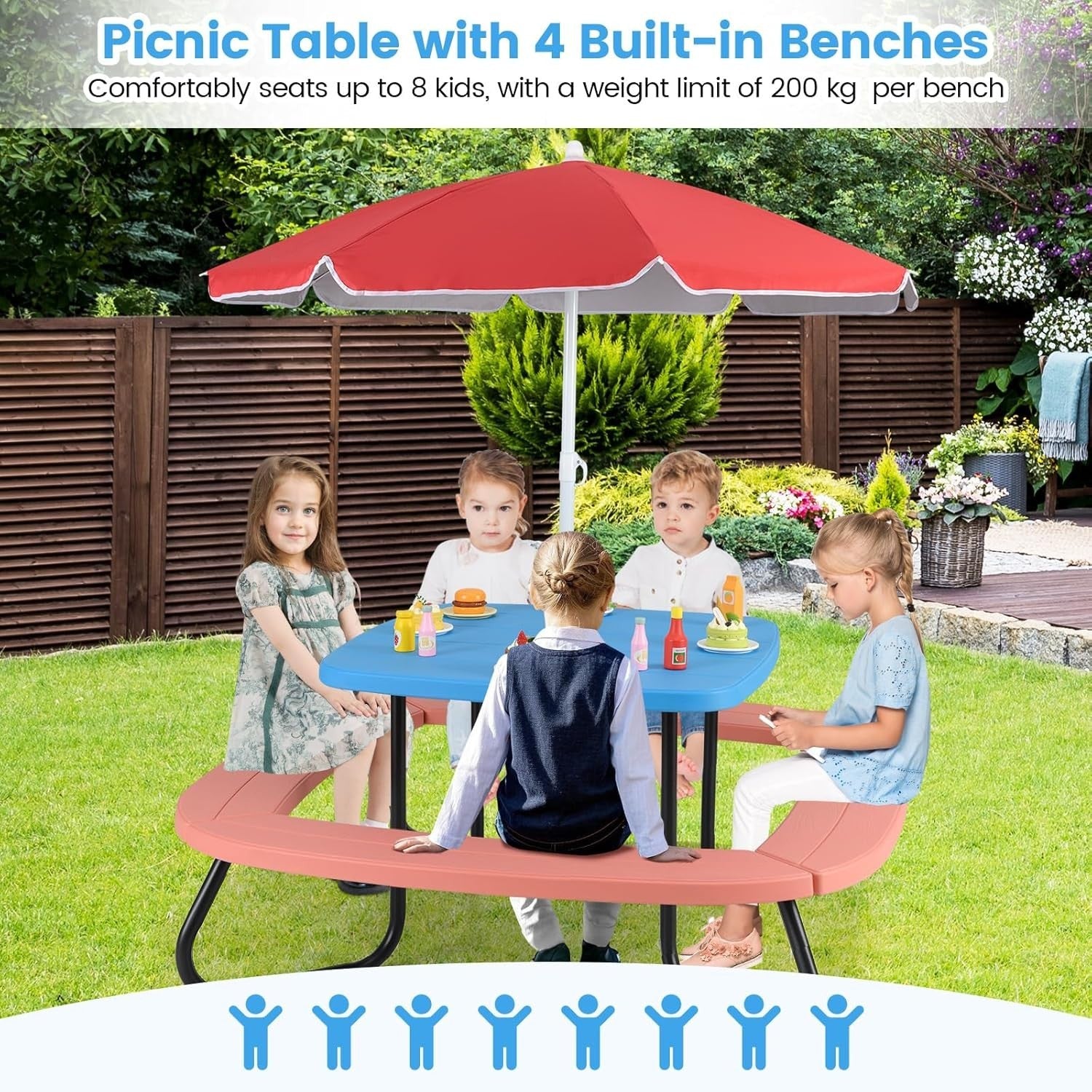 Kids Picnic Table Set with 8 Seats, Adjustable Umbrella, Outdoor Garden Play Tab