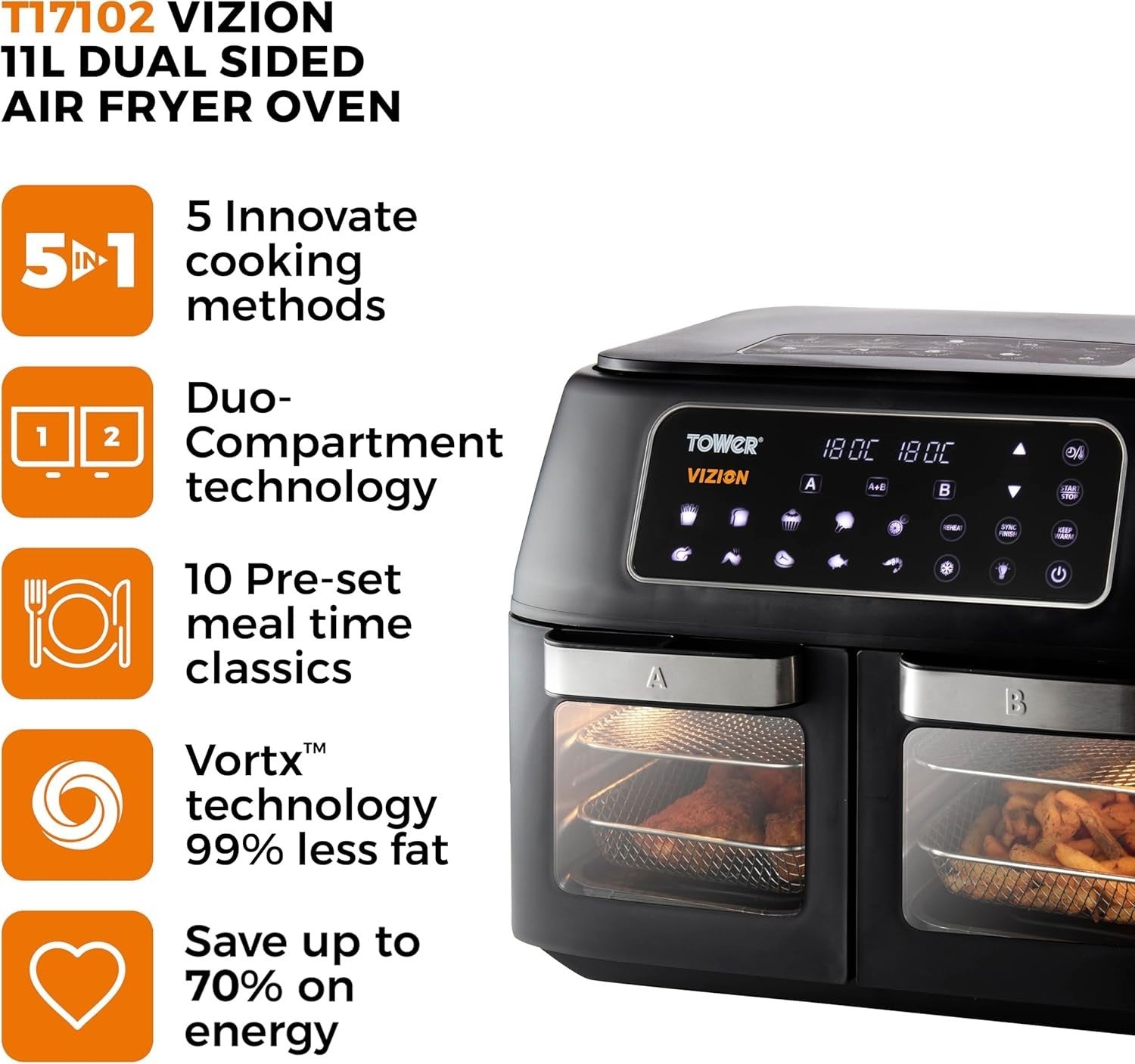 11L Dual Compartment Air Fryer Oven Touchscreen 10 Presets Dehydrate Grill