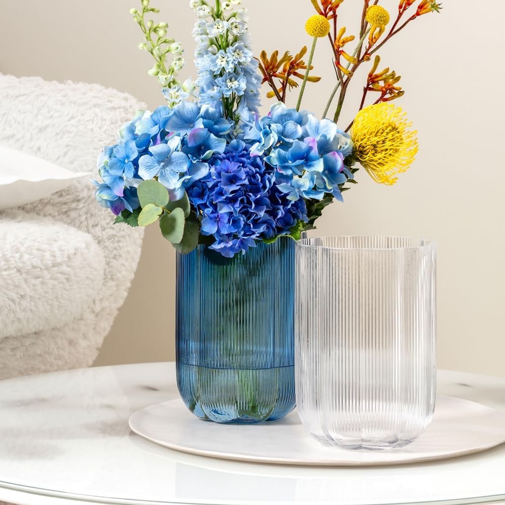Large Clear Glass Flower Vase 22.5cm Ribbed Modern Table Home Decor