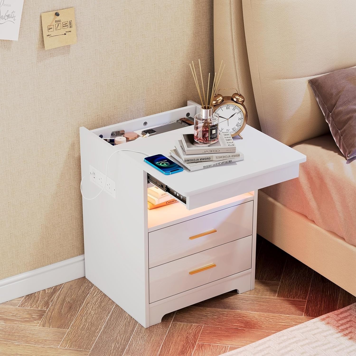White LED Bedside Table with USB Charging Ports, Lockable Drawers & RGB Lights