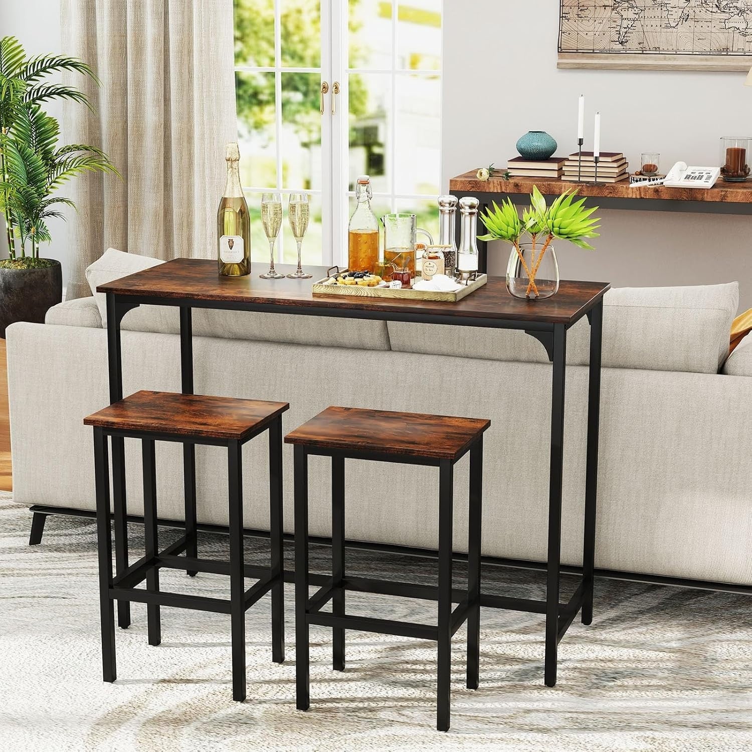 3PCS Coffee+Black Bar Table Set with 2 Stools, Metal Frame Dining Set Furniture