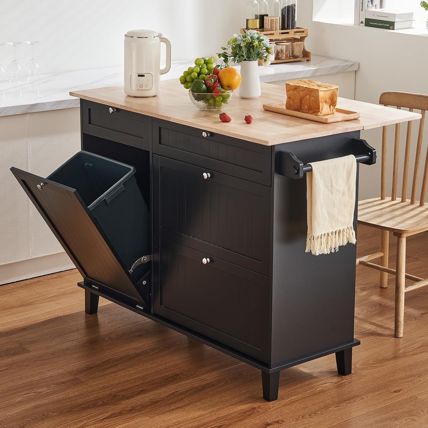 50" Kitchen Island Cart with Drop Leaf, Trash Cabinet, Drawer & Storage – Black