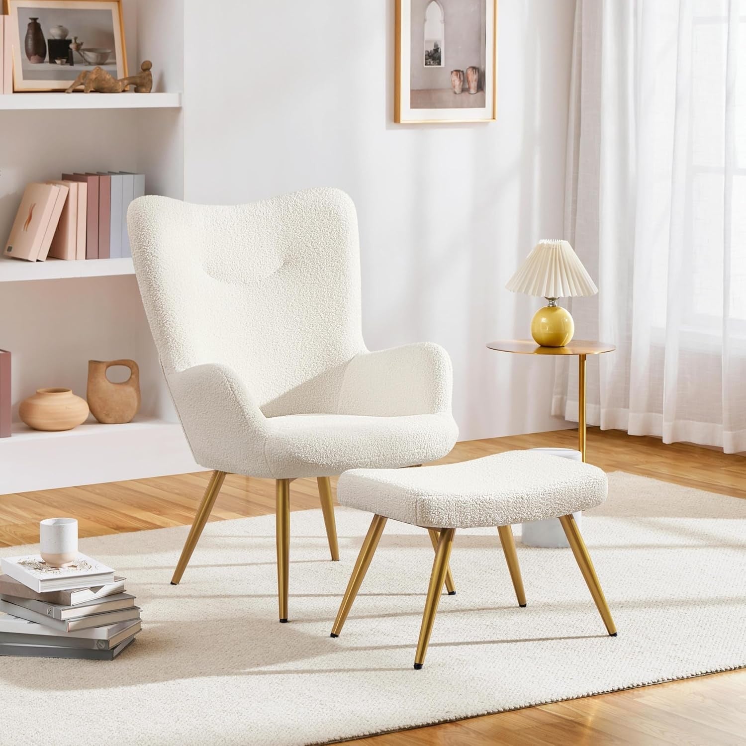 Sherpa Boucle Armchair with Ottoman High Back Lounge Chair Ivory