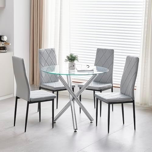 Modern 5-Piece Round Glass Dining Table with 4 Grey Velvet Chairs Set